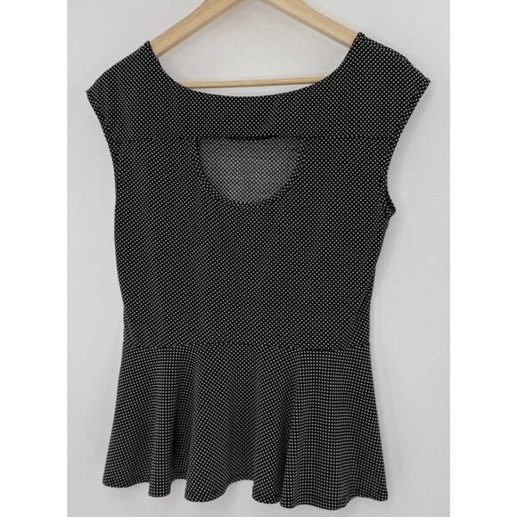 Maurices Black & White Polka Dot Peplum Peekaboo Back Blouse Sz L Preppy‎ Event - Picture 2 of 8